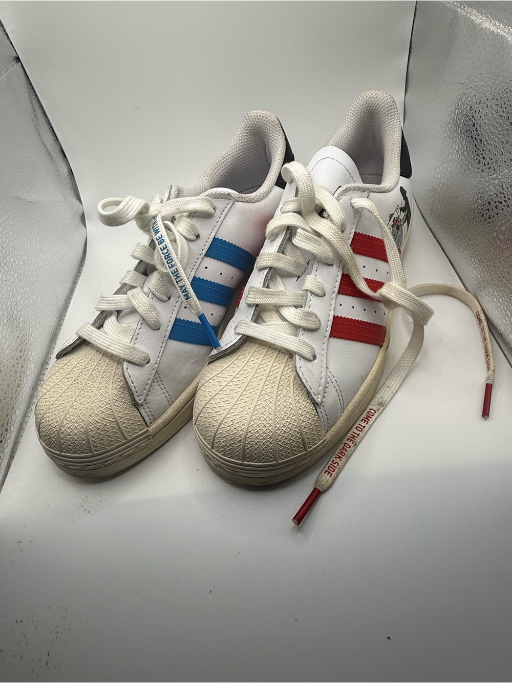 adidas Kids Shell-Toe Sneakers in White with Red & Blue Stripes